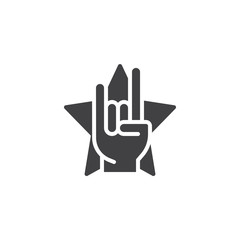 Obraz premium Rock and roll hand gesture and star icon vector, filled flat sign, solid pictogram isolated on white. Symbol, logo illustration
