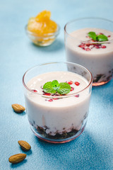Healthy yogurt granola breakfast. Selective focus, copy space.