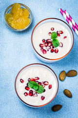 Healthy yogurt pomegranate citrus dessert. Top space, copy space.