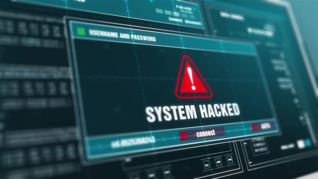 Computer Screen Entering Login And Password With Showing SYSTEM HACKED Alert System Security Warning .
