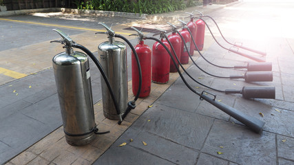 Red and silver color of fire extinguisher tank