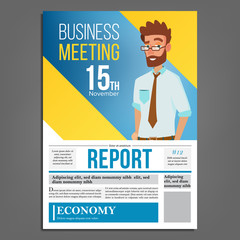 Business Meeting Poster Vector. Businessman. Layout Template. Presentation Concept. Corporate Banner. A4 Size. Flat Cartoon Illustration