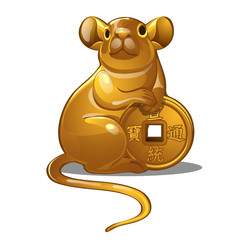Golden figure of mouse. Chinese horoscope symbol. Calendar of 12 animals. Eastern astrology. Sculpture isolated on white background. Vector illustration