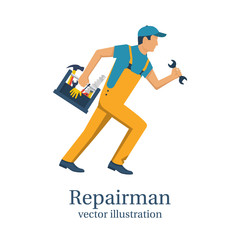 Repairman. Person with technical assistance hurries to the rescue. Holding toolbox in hand. Vector illustration flat design. Isolated on white background. Worker customer service.