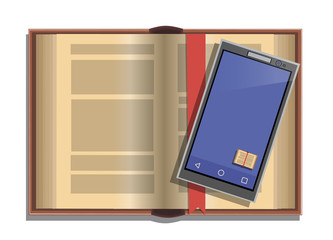 Открытая книга и телефон с приложением для чтения, векторная иллюстрация