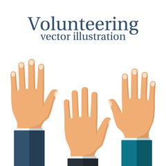 Obraz premium Volunteering concept. Raised hands up. Volunteering charity. Template poster banner. Vector illustration flat design. Isolated on white background. Group of people together.