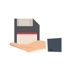 hand holding a floppy diskette icon over white background colorful design vector illustration