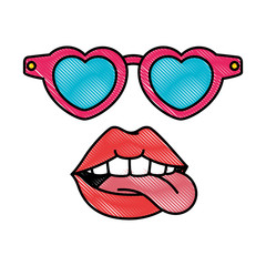 pop art lips with sunglasses vector illustration design