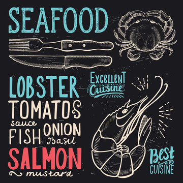 Seafood poster for restaurant, food template.