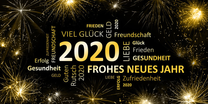 schwarz goldene Silvesterkarte mit Feuerwerk  Frohes neues Jahr 2020