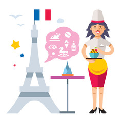 French cuisine. Woman chef. Flat style colorful Vector Cartoon illustration.
