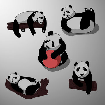 Cute cartoon panda set icons. Black white hand drawn doodle animal