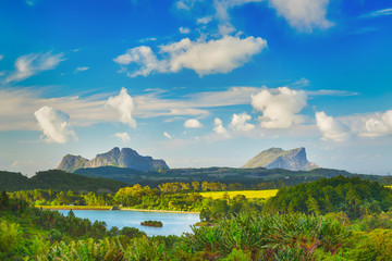 View of a lake and mountains. Mauritius. Panorama