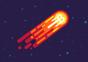 Vector Cartoon illustration of comet with bitcoin symbol flying in open space.