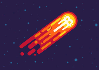 Vector Cartoon illustration of comet with bitcoin symbol flying in open space. © lembergvector