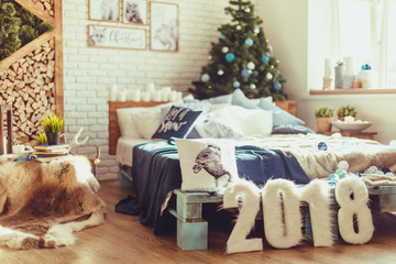 Christmas interior bedroom. Cozy and stylish modern room