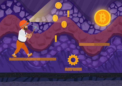 Vector illustration of man walking with pickaxe in bitcoin mine. Cartoon 2d game style illustration.