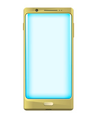 Gold smartphone with blue screen. Vector illustration of mobile phone with blue screen on white background.