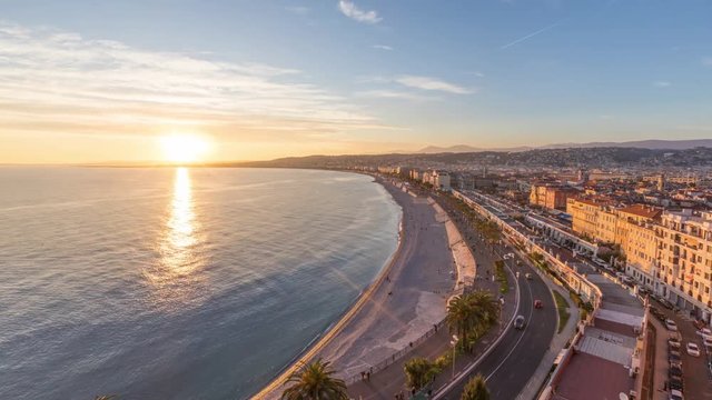 Coast of Azure on sunset in Nice, French Rivera - day to night time lapse video
