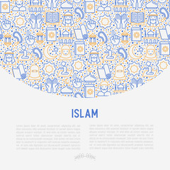 Islamic concept with thin line icons: mosque, carpet, rosary, prayer, koran, moslem. Modern vector illustration, template for web page.