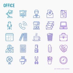 Office thin line icons set of manager, coffee machine, chair, career growth, e-mail, folders, water cooler, lamp. Vector illustration.