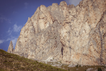 Vertical dolomitic pinnacles and crest of Mount Settsass tilt shift effect, Valparola Pass,...