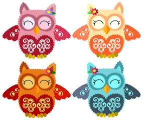 Nice pink smiling owl with a lilac flower on the ear and ornament on the heart and wings