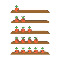 Garden bed with carrots, vector illustration, doodle style. We count carrots one, two, three, four, five. We count carrots