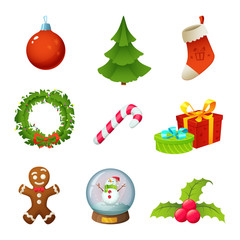 Christmas objects collection isolated on white. Cartoon Christmas icons set.