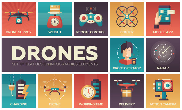 Drones - set of flat design infographics elements