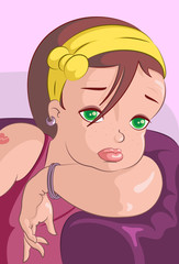 Sad Girl. Thoughtful Young Lady Sitting On A Couch. Vector Illustration.