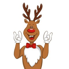 Fototapeta premium Illustration with cartoon Christmas deer. It's greet you and congratulate you on Christmas. Vector for you design. Isolated. 