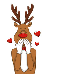 Illustration with cartoon Christmas deer.  It's greet you and congratulate you on Christmas. Vector for you design. Isolated. 