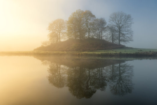 Warm sunlight breaking through a thick blanket of fog on a fresh Autumn morning at the River Brathay in the Lake District.