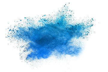 Freeze motion of blue powder explosions isolated on white background - obrazy, fototapety, plakaty
