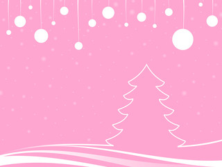 snowfall christmas in a pink landscape with abstract tree and white christmas balls in a pink background