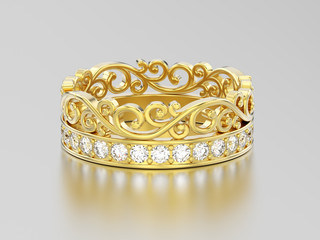 3D illustration yellow gold  decorative crown diadem diamond ring