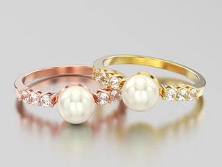 3D illustration two yellow and rose gold  diamond ring wth pearl