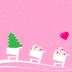 three shopping carts with gift boxes, green xmas tree and pink balloon. An abstract xmas scene in a fanciful landscape with pink background and white snowflakes