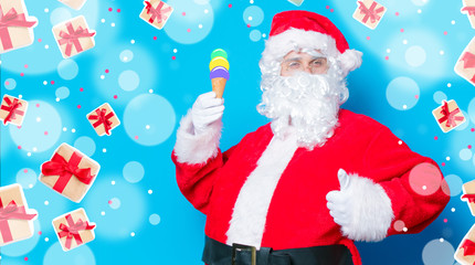 Funny Santa Claus have a fun with ice-cream