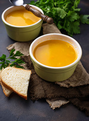 Bowls of hot vegetarian red lentil soup