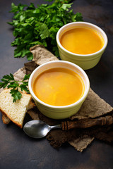 Bowls of hot vegetarian red lentil soup