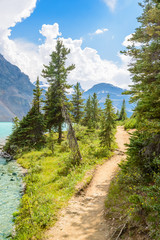 Fragment of mountain Bow lake trail in Alberta, Canada, Rocky Mountains.
