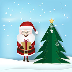 Christmas season with Santa holding gift box and pine tree decoration. Paper art illustration