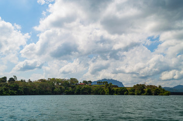 Beautiful mountains lake river sky and natural attractions in Ratchaprapha Dam at Khao Sok National Park, Surat Thani Province, Thailand