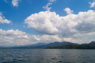 Beautiful mountains lake river sky and natural attractions in Ratchaprapha Dam at Khao Sok National Park, Surat Thani Province, Thailand