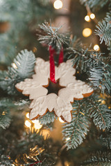 Decorated Christmas tree on blurred, sparkling and fairy background