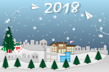Merry Christmas & Happy new year of rocket paper for 2018 on the sky coming to City Landscape with snowman on the street, paper art vector and illustration.