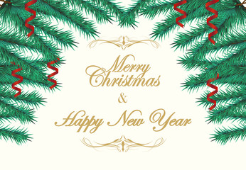 Merry Christmas and Happy New Year and pine decoration, Greeting card on beige color background