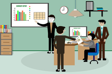 Team business man's job . working with laptop in open space office. Meeting report in progress - vector image concept business people